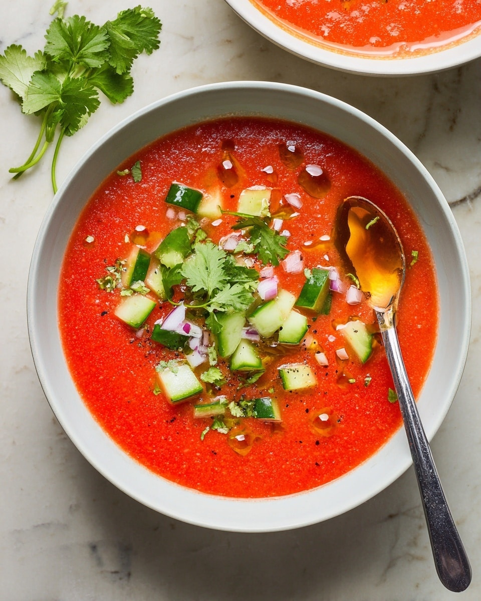 A close-up top view of a white bowl filled with bright red tomato soup that has a smooth, slightly chunky texture. The soup is topped with small, light green cucumber cubes and finely chopped white onion scattered in the center. Fresh, vibrant green cilantro leaves are spread over the soup, adding a fresh look. Drops of golden olive oil shine on the surface, creating a glossy effect. A silver spoon rests inside the bowl on the right side. The bowl sits on a white marbled surface. photo taken with an iphone --ar 4:5 --v 7
