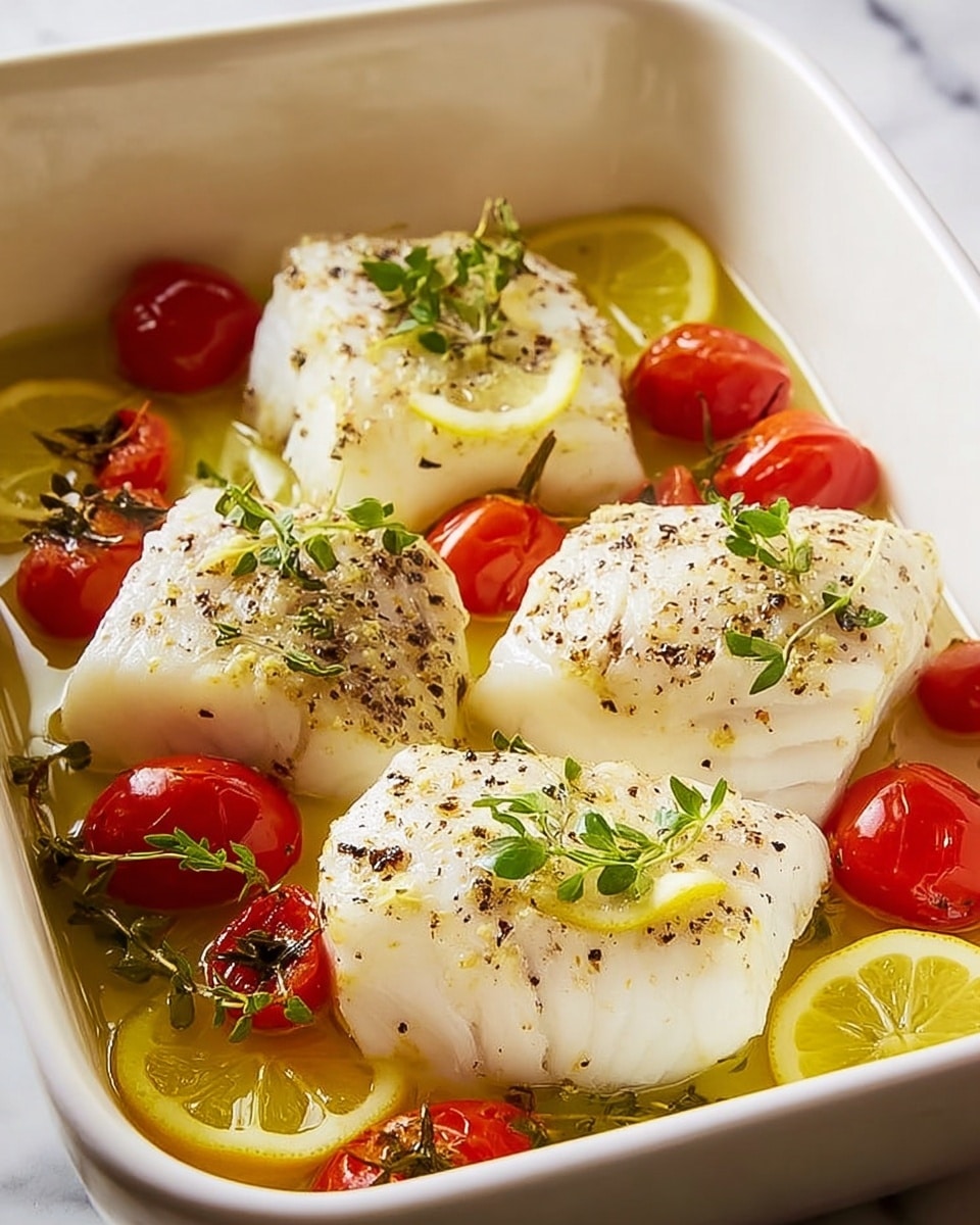 The image shows a white baking dish filled with four thick, white pieces of cooked fish seasoned with black pepper and garnished with small green herbs on top. Under some pieces of fish, thin yellow lemon slices are placed, adding a bright contrast. Around the fish, there are small, shiny red cherry tomatoes and sprigs of herbs, all sitting in a light yellow olive oil or sauce that slightly pools at the bottom of the dish. The whole scene is bright and fresh, set against a white marbled surface. photo taken with an iphone --ar 4:5 --v 7