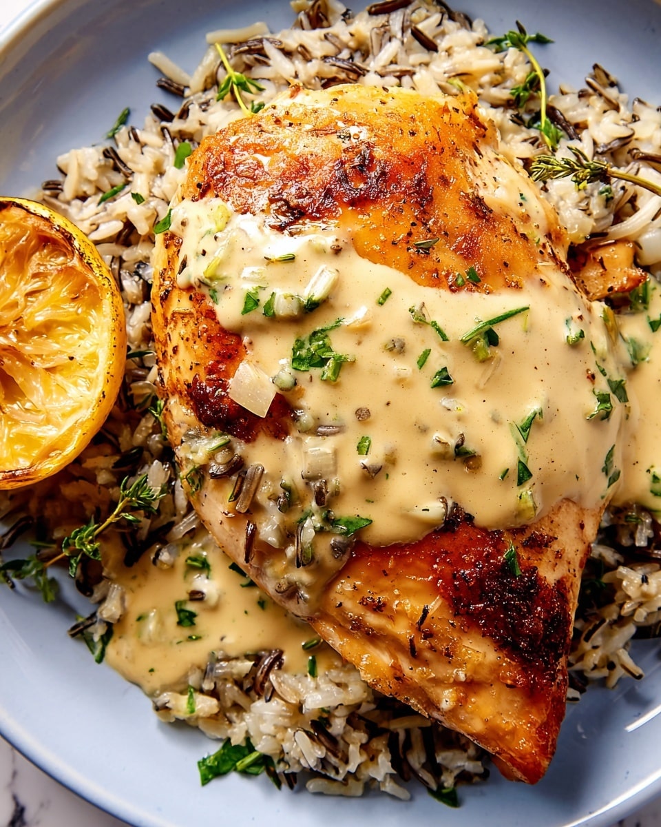 A roasted golden brown chicken breast with a crispy, slightly charred skin is placed over a bed of fluffy wild rice mixed with white and dark grains. The top half of the chicken is covered with a creamy light beige sauce sprinkled with small pieces of herbs and diced onions. Fresh green herb leaves are scattered over the chicken and sauce. On the side, there is a slice of cooked lemon with a warm golden color. Everything sits on a simple white plate, set against a white marbled surface. photo taken with an iphone --ar 4:5 --v 7