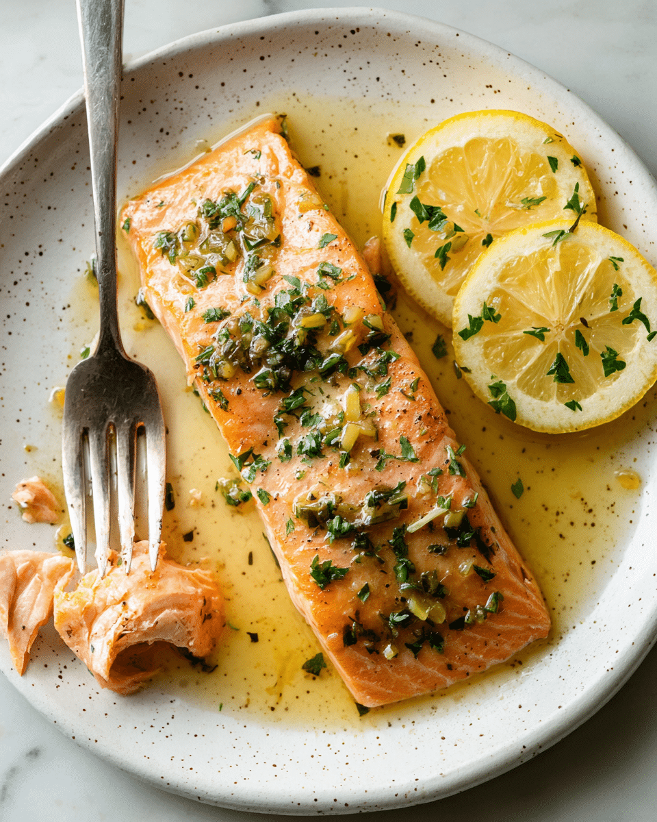 A white speckled plate holds a cooked salmon fillet with a light orange color, topped with small bits of green herbs and a shiny sauce layer that pools around the fish; on the right side, two lemon wedges with bright yellow peel and light translucent yellow segments are sprinkled with green herbs; a piece of the salmon is flaked at the bottom left corner, pierced by a silver fork resting on the plate; the background is a white marbled surface. photo taken with an iphone --ar 4:5 --v 7