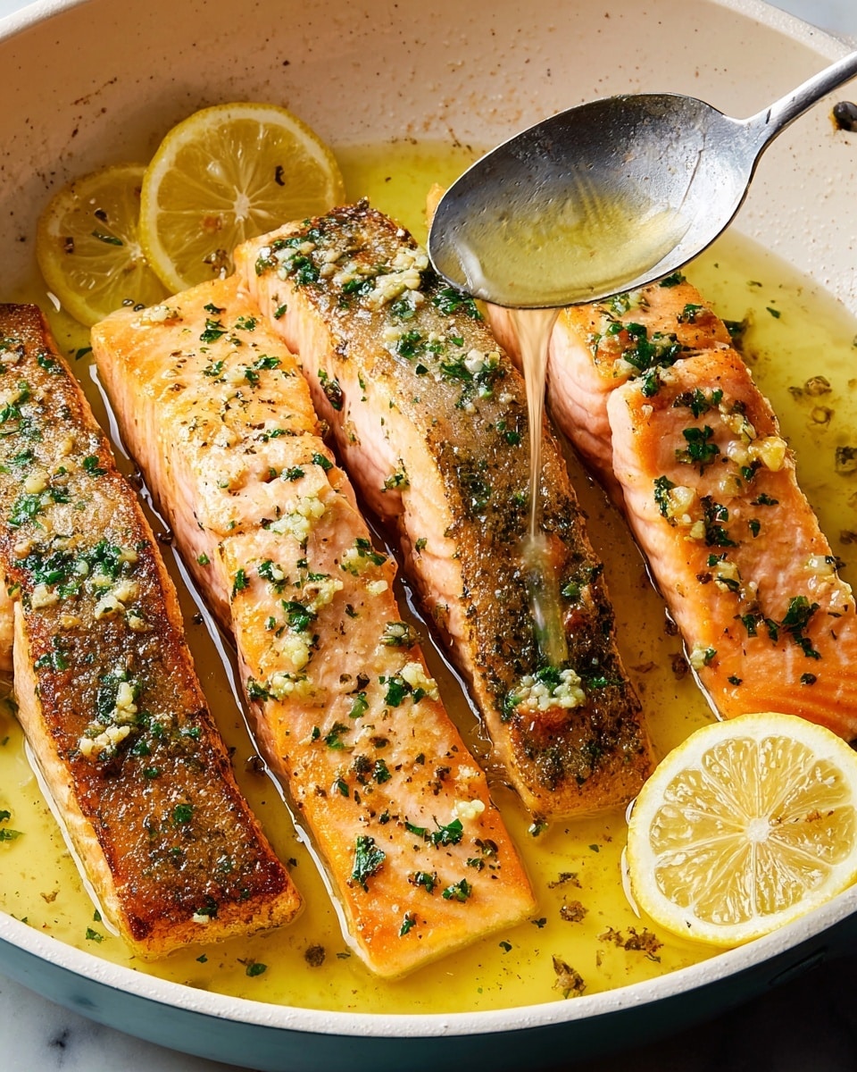 Four pieces of cooked salmon fillets lay side by side in a white pan filled with light yellow lemon butter sauce. The top three fillets show crispy, brown, textured skin sprinkled with small white garlic bits and green parsley, while the fourth fillet shows smooth pink flesh with green parsley flakes. A spoon held above the right side of the pan drizzles shiny sauce onto the salmon, and lemon wedges rest in the sauce near the fillets. The background is a white marbled texture. photo taken with an iphone --ar 4:5 --v 7