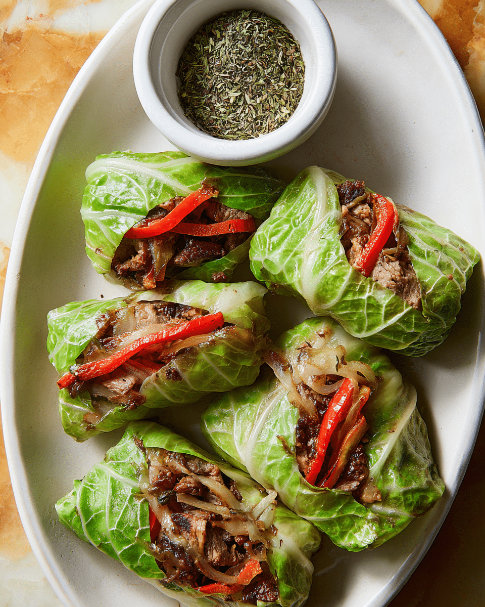 A white plate holds several green cabbage leaves wrapped into small rolls, each containing a visible filling with three main layers: soft cooked beef pieces with a brown and slightly crispy texture, thinly sliced red bell peppers adding bright red strips, and lightly cooked onions with a translucent look. Next to the cabbage rolls is a small white bowl filled with dried green herbs that have a rough texture. The plate sits on a white marbled surface with mustard and brown colored speckles around it. photo taken with an iphone --ar 4:5 --v 7