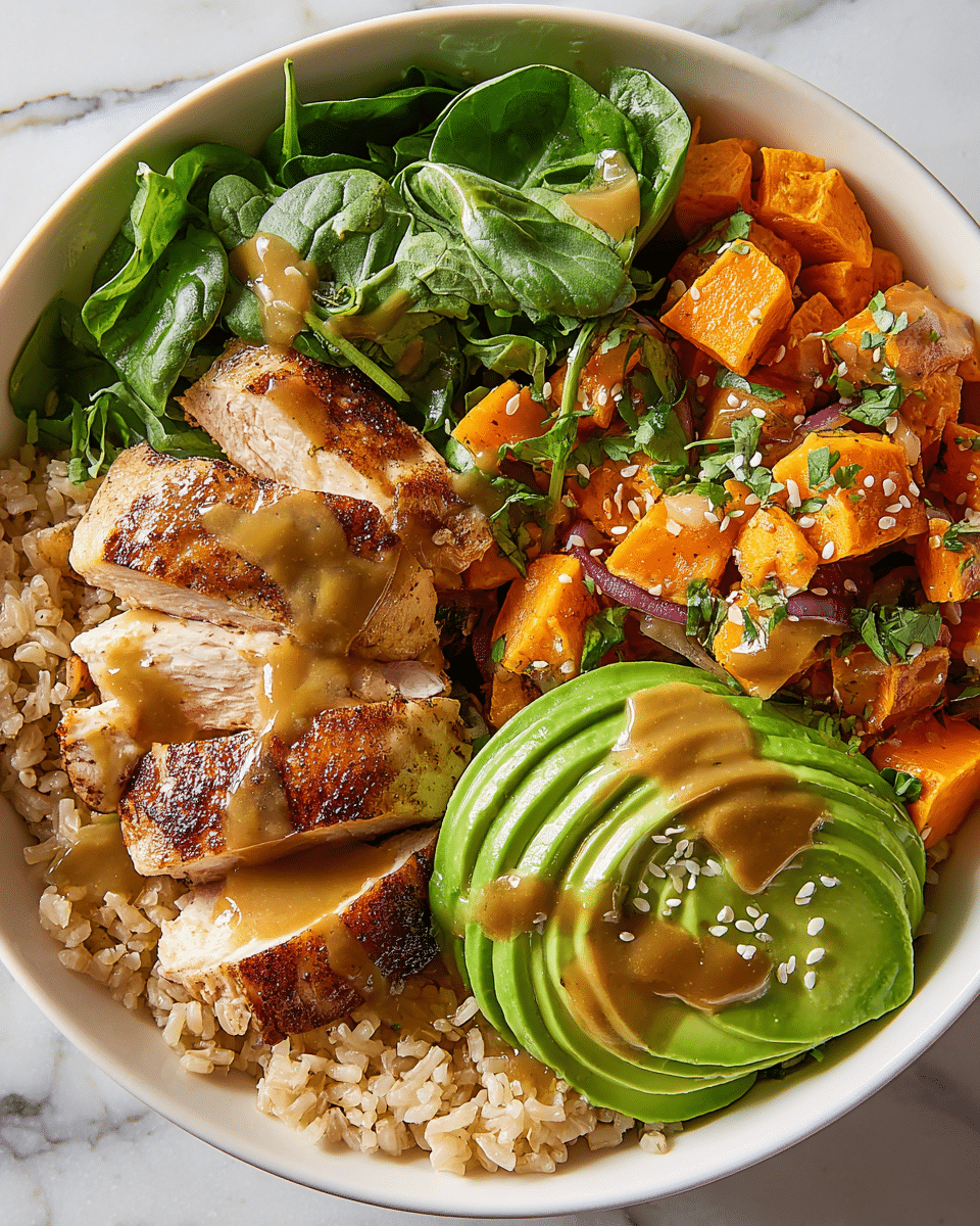 A white bowl sits on a white marbled surface, filled with four main layers: the bottom layer is light brown rice, topped unevenly with slices of grilled chicken that have a darker browned crust; fresh green spinach leaves are scattered on one side with a tan sauce drizzled over them; there are diced orange sweet potatoes with bits of red onion mixed in, sprinkled with green herbs and light sesame seeds; on the other side, slices of bright green avocado are layered in a fan shape, also lightly covered with the same brown sauce and sesame seeds. photo taken with an iphone --ar 4:5 --v 7