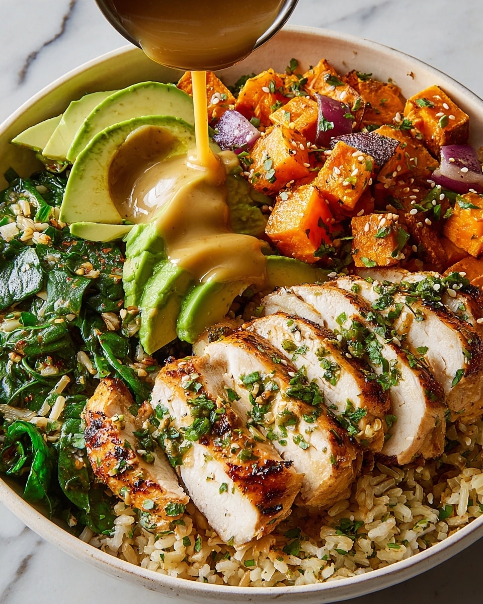 A white bowl filled with four main layers: the bottom layer is light brown rice with a slightly sticky texture, topped closely on one side by slices of grilled chicken breast that are golden brown with a juicy white inside and sprinkled with green herbs. Next to the chicken, there is fresh green spinach spread across the bowl, some pieces covered with a smooth light brown sauce being poured over from above. On the opposite side, there is a mix of cooked sweet orange sweet potato cubes and small purple onion pieces, also garnished with green herbs. Finished with sliced avocado sprinkled with sesame seeds and chopped herbs, all arranged on a white marbled surface photo taken with an iphone --ar 4:5 --v 7