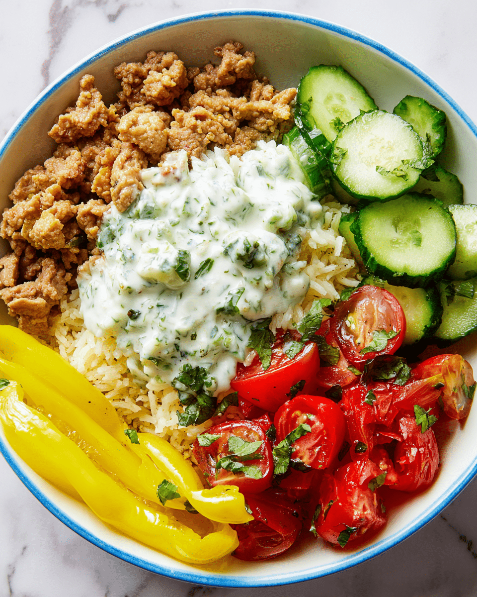 A white bowl with a blue rim holds a colorful dish with four main layers: on the left, browned ground meat with a crumbly texture; next to it, three bright yellow pickled peppers; on the right, a heap of fluffy light yellow rice; on top and between the layers, a fresh salad of sliced green cucumbers and halved red cherry tomatoes with chopped herbs; covering part of the salad and meat is a thick white sauce with green herb specks. The bowl sits on a white marbled surface. photo taken with an iphone --ar 4:5 --v 7
