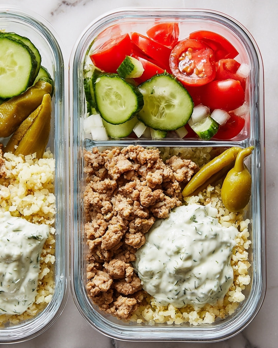 A clear glass meal prep container divided into three sections sits on a white marbled surface. The top right section holds a fresh salad made of chopped red tomatoes, sliced green cucumbers, and small pieces of white onion. On the right side of this section, there is a dollop of creamy white sauce with green herbs mixed in. The bottom right section contains light yellow riced cauliflower topped on the right with browned cooked ground meat, and two whole green pickled peppers sitting on top near the middle. The top left section shows sliced cucumbers in the corner with another dollop of the same creamy white herb sauce just below them. Photo taken with an iphone --ar 4:5 --v 7