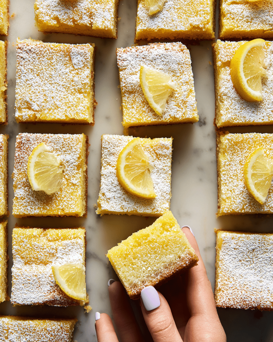 There are many square pieces of lemon bars arranged closely on a white marbled surface, each piece showing two visible layers: a thin, slightly browned crust at the bottom and a thick, yellow, moist lemon filling on top, dusted heavily with powdered sugar that gives a white, grainy look. Several bars have thin, small lemon wedges as decoration on their top right corners, adding a bright yellow contrast. A woman's hand with light purple nail polish is gently holding one piece in the lower right corner, lifting it slightly. The texture of the lemon filling looks soft and smooth with a slight glossy sheen, while the crust appears crumbly and firm. photo taken with an iphone --ar 4:5 --v 7