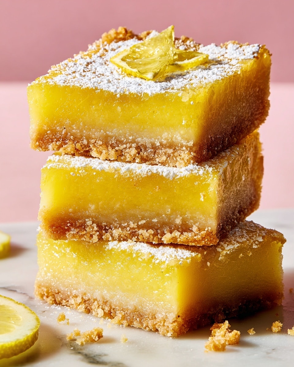 Three square lemon bars are stacked on top of each other on a white marbled surface. Each bar has two layers: a thick, bright yellow lemon filling with a smooth, slightly glossy texture on top, and a crumbly, golden brown crust at the bottom. The top bar is dusted with white powdered sugar and has a small piece of dried lemon placed near the center. Crumbs and small lemon slices are scattered around the stack. The background is soft pink. Photo taken with an iphone --ar 4:5 --v 7