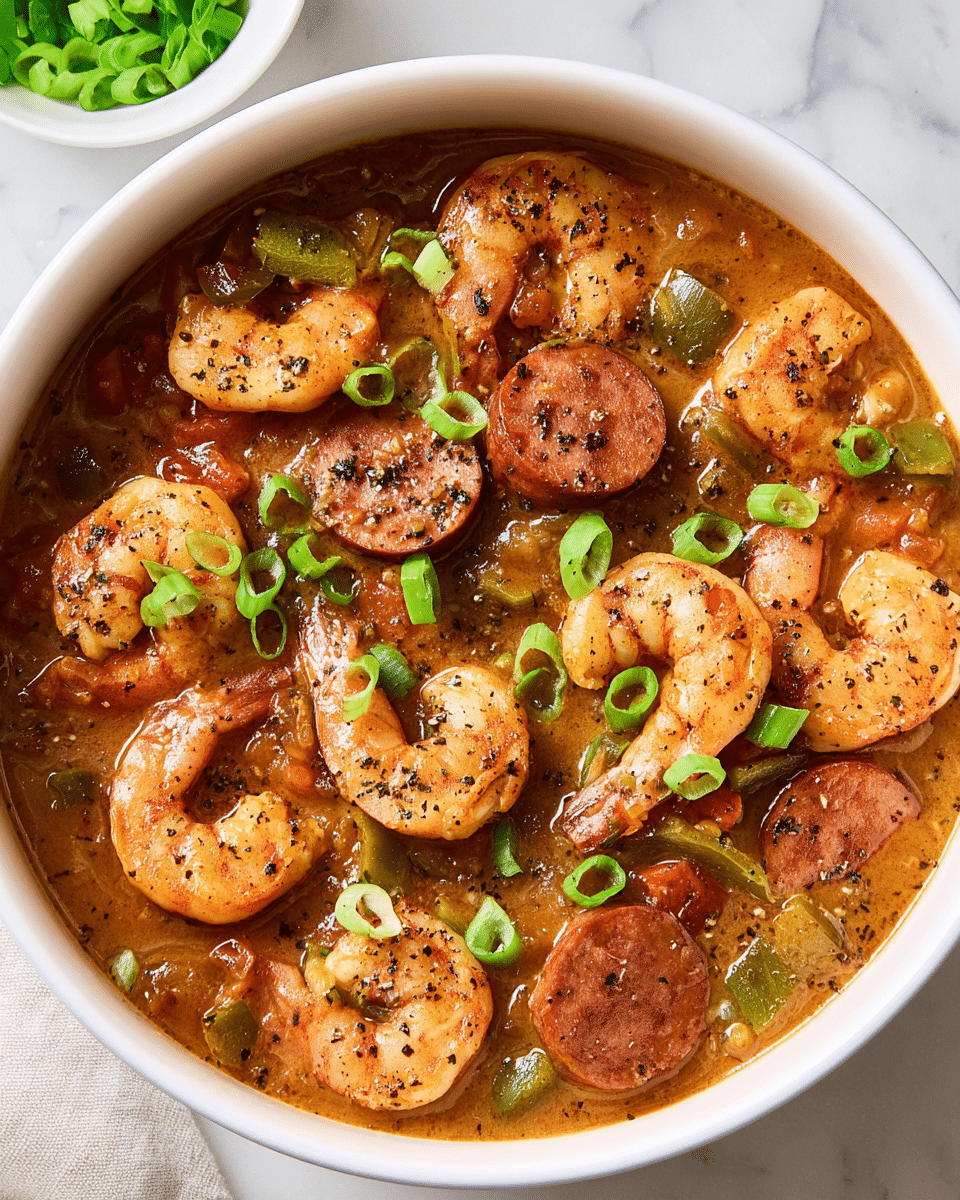 A white bowl filled with a thick, brownish-orange stew featuring large shrimp with a light orange color and browned edges, along with slices of browned sausage. The stew has visible small pieces of green bell pepper and tomato, with some black pepper flakes on top, and is garnished with bright green sliced scallions scattered all over. The bowl sits on a white marbled surface, with a small white bowl of additional sliced green scallions visible in the upper left corner. photo taken with an iphone --ar 4:5 --v 7