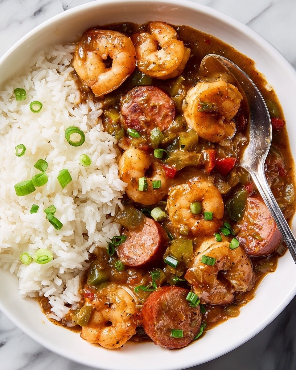 A white bowl holds a dish with two main parts: on the left, a layer of fluffy white rice with a few green onion slices sprinkled on top; on the right, a rich brown sauce filled with cooked shrimp and round slices of sausage mixed with small pieces of green and red vegetables, all covered in a glossy sauce garnished with chopped green onions. A silver spoon rests on the sauce side of the bowl. The background is a white marbled texture. photo taken with an iphone --ar 4:5 --v 7