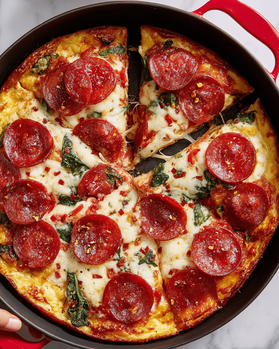 A thick deep-dish pizza in a round black pan with red handles, placed on a white marbled surface, showing about eight slices with one slice being lifted by a woman's hand. The pizza has a golden-brown crust at the edges, with a layer of melted mozzarella cheese that is white and slightly browned in spots on top of a rich red tomato sauce. There are multiple round pepperoni slices that are deep red with greasy highlights scattered evenly over the cheese. Some green spinach leaves peek through under the cheese. Red chili flakes are sprinkled on top, adding detail and texture to the melted cheese and pepperoni. Photo taken with an iphone --ar 4:5 --v 7
