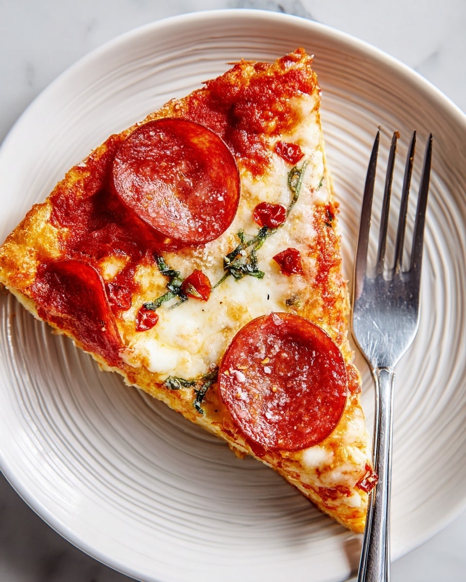 A single slice of pepperoni pizza lays on a white plate with a subtle striped pattern. The pizza has three main layers: a light golden crust, a layer of bright red tomato sauce, and melted white cheese that looks creamy and slightly browned in some spots. Two round slices of pepperoni lie on top, with a few scattered red pepper flakes and small green herbs adding texture and color. A silver fork rests beside the pizza slice on the plate, all set on a white marbled texture surface. photo taken with an iphone --ar 4:5 --v 7