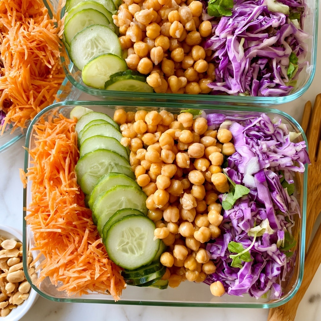 The image shows two glass rectangular containers filled with a layered salad. Each container has four visible layers from left to right: shredded orange carrots, light green cucumber slices, golden chickpeas, and purple cabbage pieces with some small green leafy garnishes. The containers are placed on a white marbled surface, with a small white bowl of light brown peanuts to the left and wooden utensils to the right. The overall colors are bright and fresh, highlighting the different textures of the vegetables and chickpeas. photo taken with an iphone --ar 4:5 --v 7