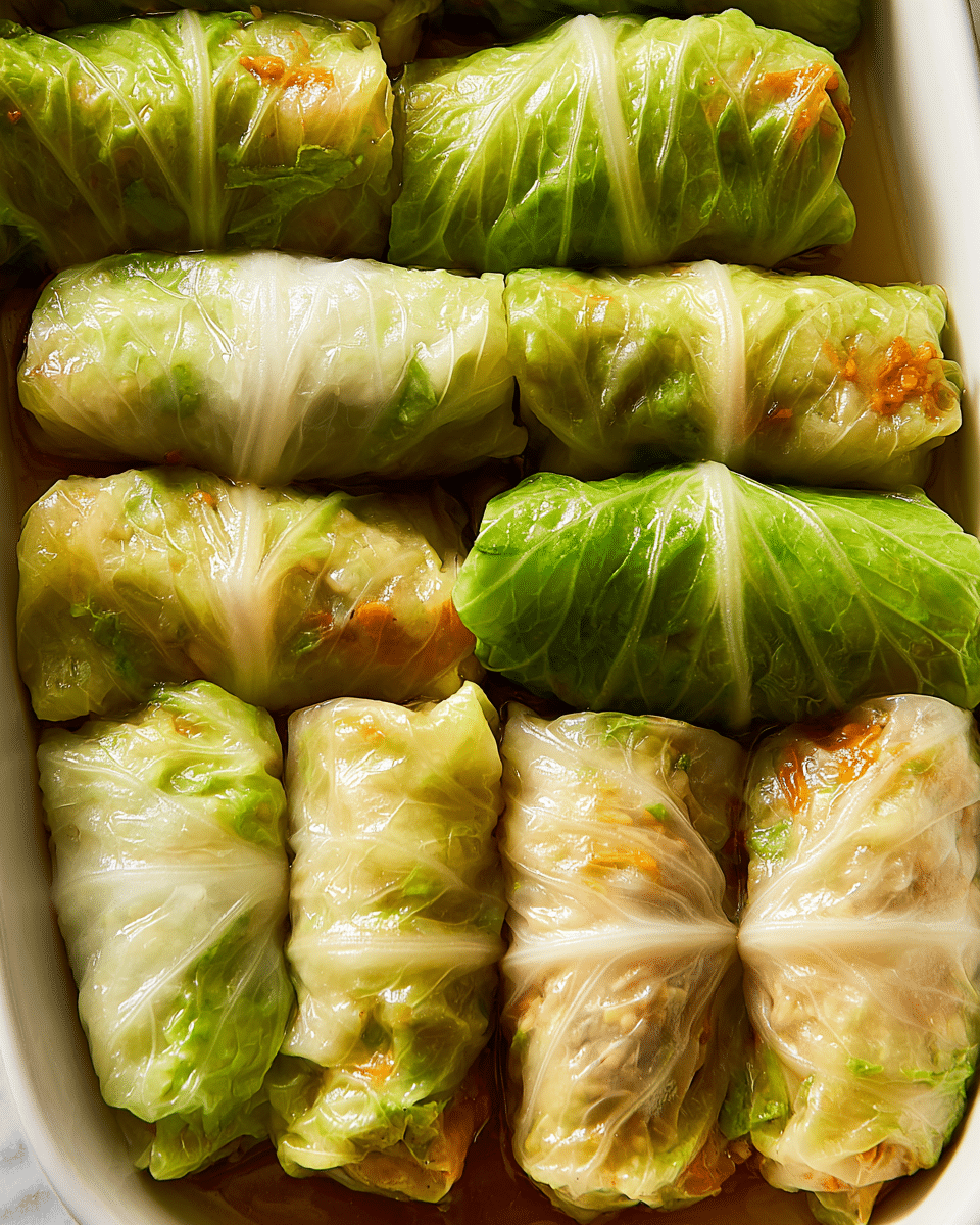 The image shows a close-up of several cabbage rolls neatly packed in a white dish. Each roll has a smooth outer layer of lightly cooked cabbage leaves, some bright green and others pale green to almost white, with a slightly translucent texture that reveals bits of filling inside, including hints of brown, orange, and green colors. The rolls are arranged in rows, laying side by side with shiny, moist surfaces reflecting light, giving them a fresh and appetizing look. The background shows a white marbled texture under the dish, enhancing the natural tones of the cabbage rolls. photo taken with an iphone --ar 4:5 --v 7