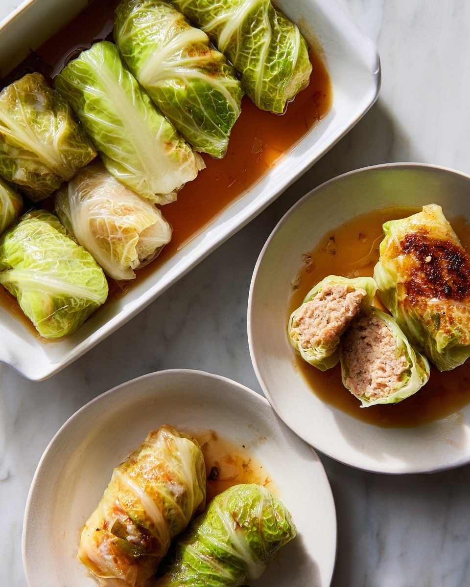 The image shows several stuffed cabbage rolls arranged in three white dishes on a white marbled surface. The large rectangular dish on the left contains seven cabbage rolls, each light green with glossy, slightly wilted leaves, sitting in a pool of brown sauce. Two round dishes on the right hold five rolls each, with one cut open to reveal a dense, pale ground meat filling. The cabbage leaves on some rolls have a slightly browned and crispy texture, showing a mix of light green and golden-brown colors. The arrangement is casual with some sauce pooling around the rolls. Photo taken with an iphone --ar 4:5 --v 7
