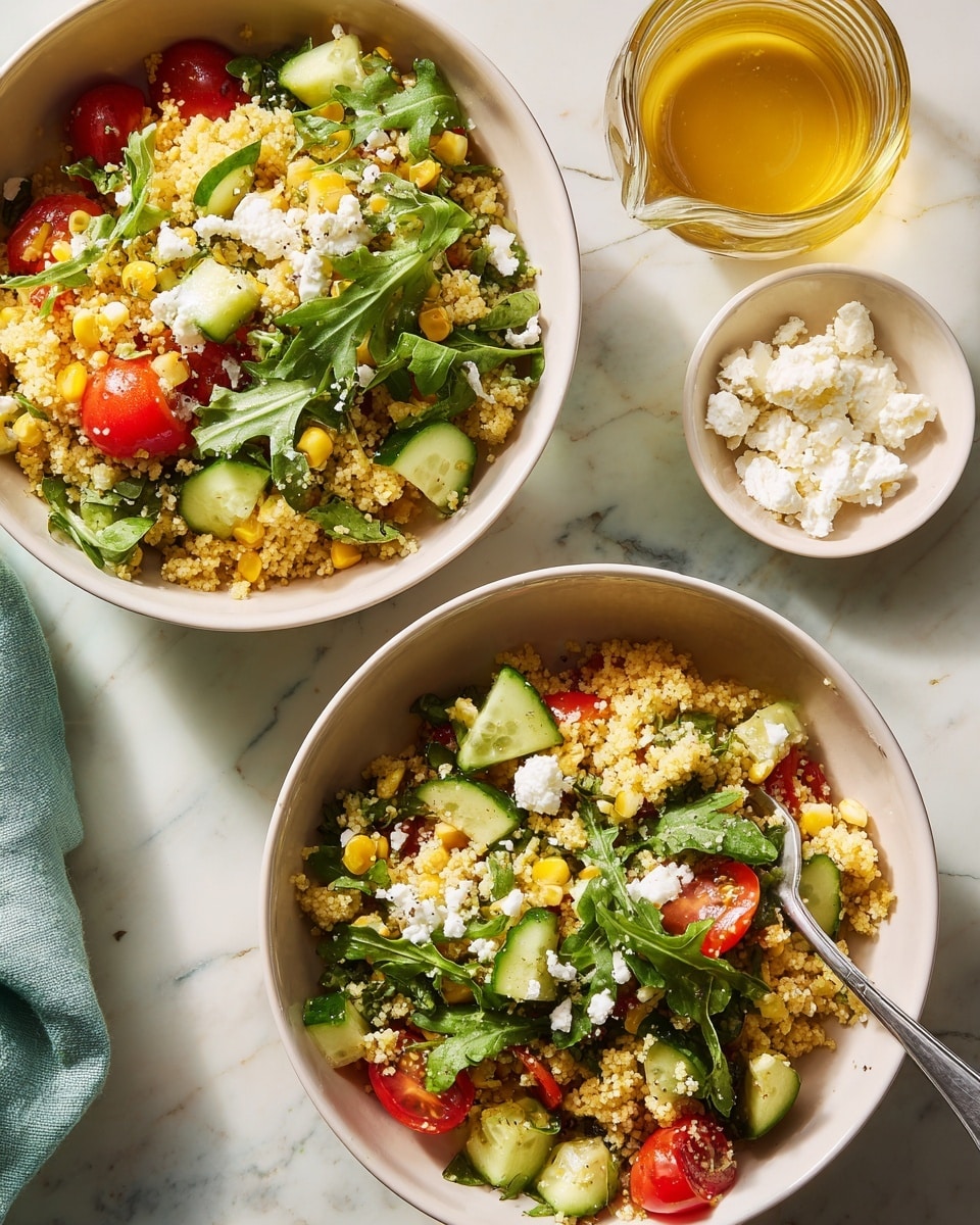 Two white bowls filled with a colorful couscous salad sit on a white marbled surface. Each bowl has three main layers: a base layer of yellow couscous grains mixed with small corn pieces, a middle layer scattered with bright red cherry tomato halves and green cucumber slices, and a top layer of fresh dark green arugula leaves and small white crumbles of cheese. A silver fork rests inside the top right bowl, partially buried in the salad. Nearby, a small white bowl holds more white cheese crumbles, and a clear glass container with a golden yellow dressing sits above the bowls. photo taken with an iphone --ar 4:5 --v 7