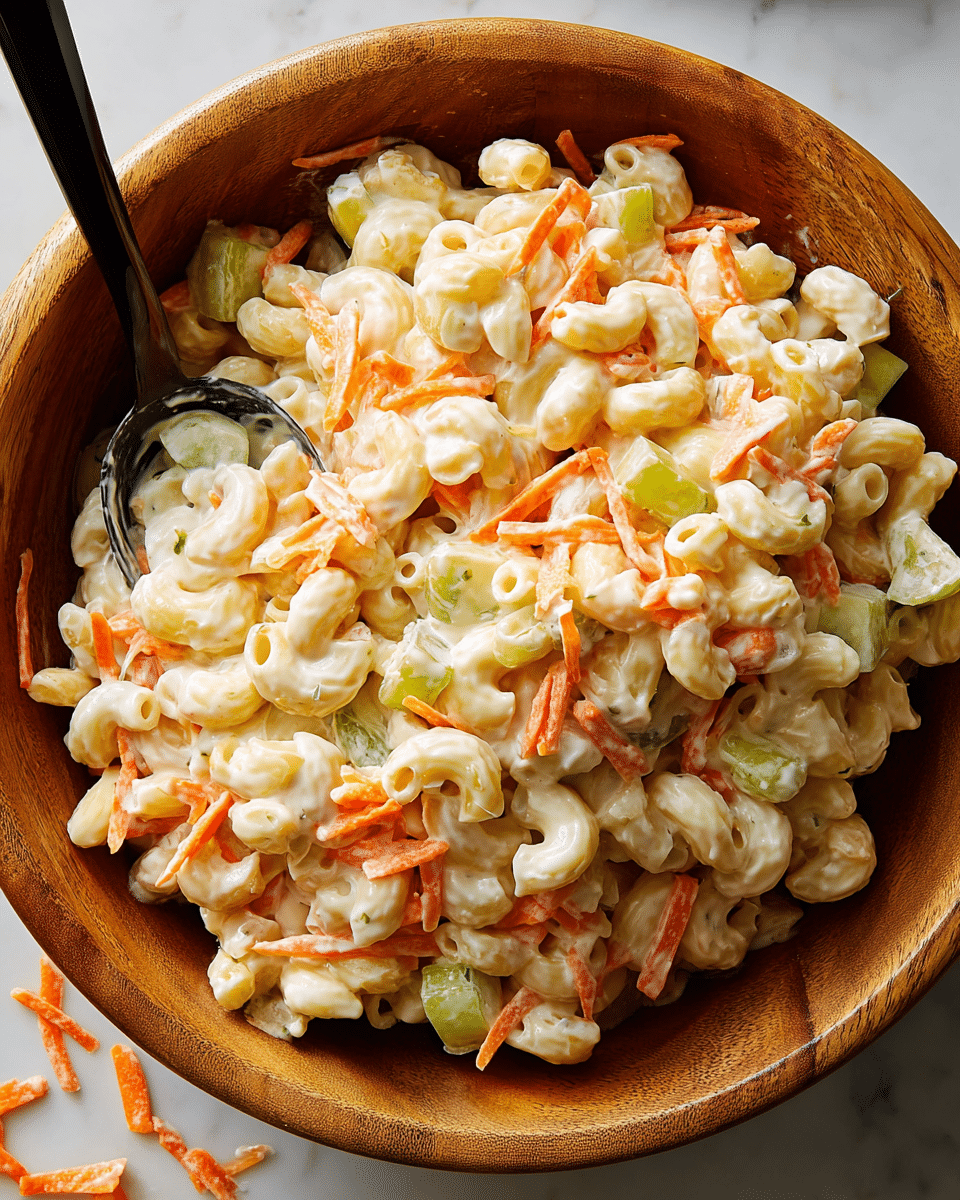 A close-up view of a wooden bowl filled with creamy pasta salad made with elbow macaroni, showing three main layers: the bottom layer with creamy white sauce coating mostly pale yellow pasta shapes, a middle layer of light green diced pickles and celery pieces mixed in, and a top layer of thin, bright orange carrot strips scattered throughout; the bowl rests on a white marbled surface with some pasta and carrot pieces outside the bowl, accompanied by a black spoon on the left side partly submerged in the salad. photo taken with an iphone --ar 4:5 --v 7