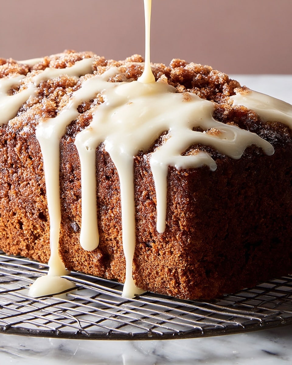 A single loaf of dark brown cake with a rough, crumbly texture sits on a metal cooling rack over a white marbled surface. Thick, creamy white glaze is being poured from above, slowly dripping down the sides in uneven streams, creating a glossy, smooth contrast against the dry cake. The top surface of the cake is uneven with visible cracks and crumbles, where some glaze has settled, breaking up the rough texture. Photo taken with an iphone --ar 4:5 --v 7