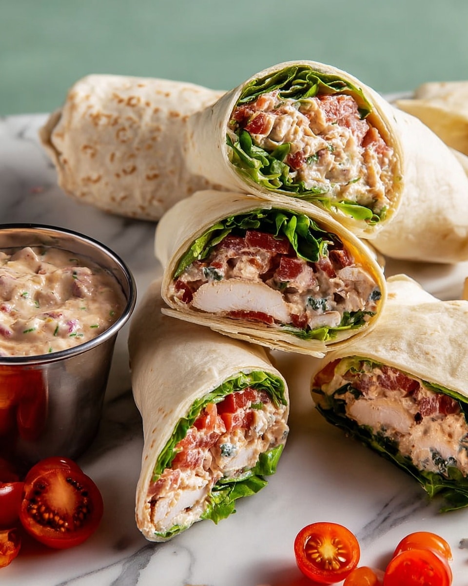 The image shows several chicken wraps on a white marbled surface. Each wrap is made of a soft, light beige tortilla. Inside, the wrap layers include a creamy, textured spread with bits of herbs and vegetables, followed by bright red tomato slices, fresh dark green lettuce leaves, and tender, white chicken pieces. The wraps are cut in half to show the colorful layered filling, with the green lettuce and red tomatoes contrasting sharply with the creamy spread and chicken. One half-wrap rests on top of a whole wrap, and a small metal cup filled with the same creamy spread is placed on the side, along with some scattered cherry tomato wedges. photo taken with an iphone --ar 4:5 --v 7