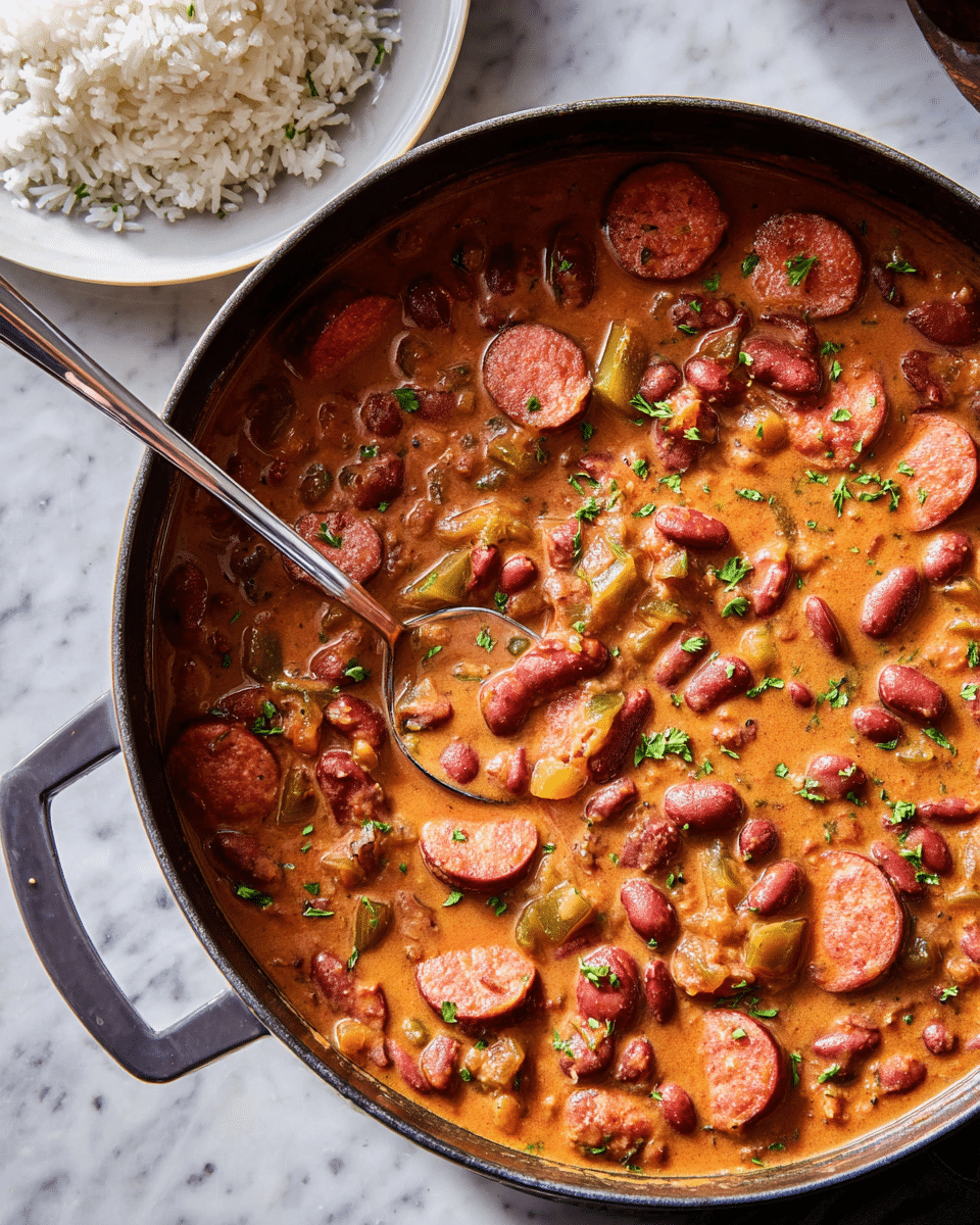 A close-up top view of a large black pot filled with thick stew made of red beans, sliced round sausage, and small chopped vegetables in a creamy reddish-brown broth, garnished with small green herb leaves. A metal spoon is partially dipped into the stew on the left side. At the top right corner, there is a white plate with a small mound of plain white rice. The whole scene is set on a white marbled texture surface. photo taken with an iphone --ar 4:5 --v 7