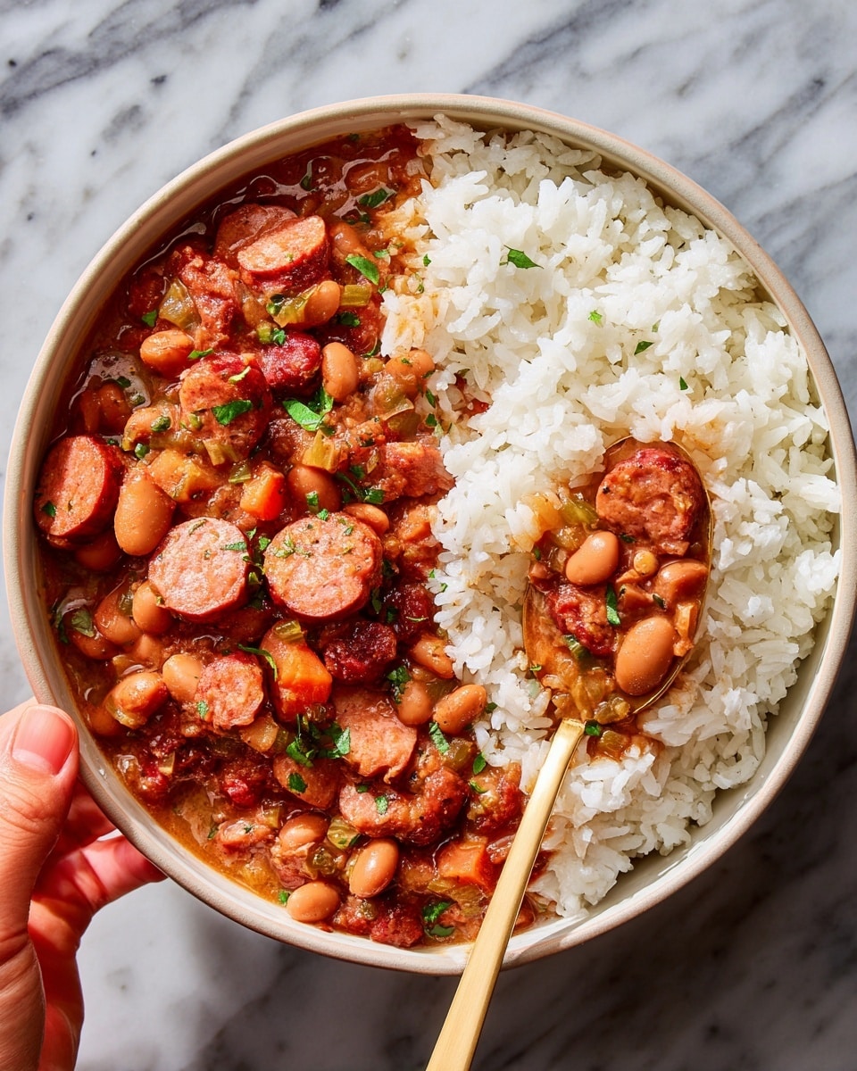 The image shows a white bowl filled with two main layers: one half contains cooked white rice with a fluffy texture, and the other half is filled with a reddish-brown bean stew mixed with chunks of sausage and small pieces of vegetables, topped with bits of green herbs. A spoon is scooping some of the stew and rice together near the center, with a woman's hand holding the spoon just outside the bowl's edge. The bowl is placed on a white marbled surface. photo taken with an iphone --ar 4:5 --v 7