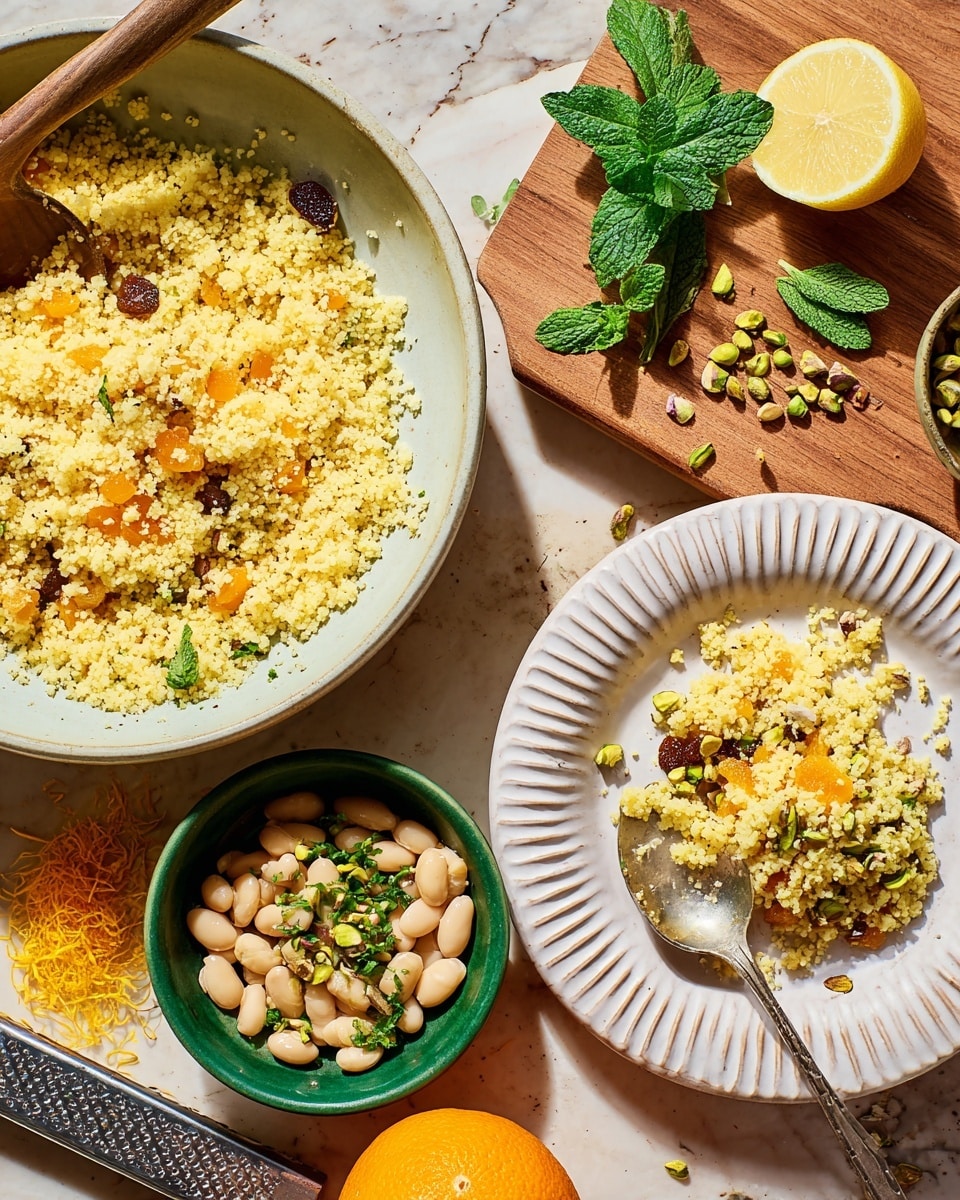 The image shows a rustic arrangement on a white marbled texture with a large white bowl filled with fluffy yellow couscous mixed with small orange pieces and a few darker chunks on the left side. On the right, there is a white plate with a ridged edge holding a smaller portion of couscous, with a silver spoon resting on it. In the center, a small green bowl contains white beans mixed with chopped green herbs. Above the bowls, fresh green mint sprigs and a halved lemon with a yellow interior are placed on a wooden cutting board. To the top left, finely chopped green pistachios gather in a small light brown wooden dish. An orange and a metal zester lie in the bottom part of the image, with some orange zest scattered around. photo taken with an iphone --ar 4:5 --v 7