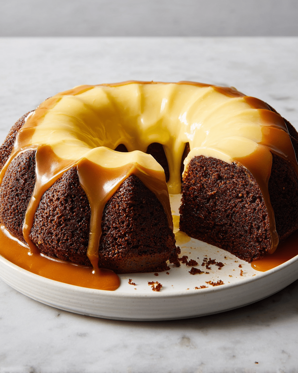 A bundt cake with two clear layers sits on a white plate over a white marbled surface; the bottom layer is dark brown, moist, and dense with a textured appearance, while the top layer is smooth, creamy, and light yellow with a glossy caramel sauce dripping over the rounded ridges, pooling slightly at the base; one large slice is cut and slightly pulled out, showing the contrast between the layers and some crumbs on the plate. photo taken with an iphone --ar 4:5 --v 7