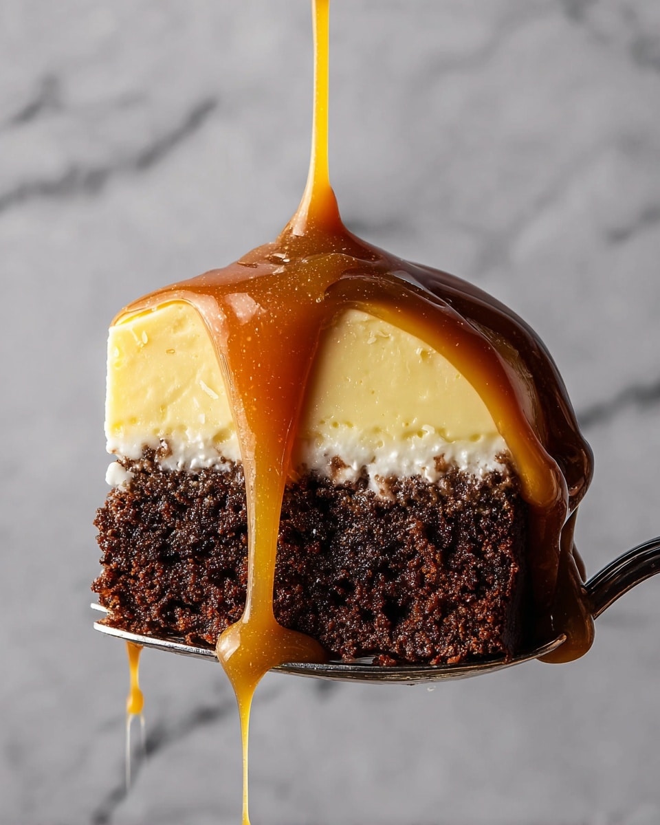 A close-up of a slice of dessert held on a silver fork, showing two layers: the bottom layer is dark brown, moist, and crumbly chocolate cake, and the top layer is smooth, light yellow cream. A thick golden caramel sauce is being poured from above, dripping down the cream and cake, with some sauce dripping off the fork's edge. The background is a white marbled texture. photo taken with an iphone --ar 4:5 --v 7
