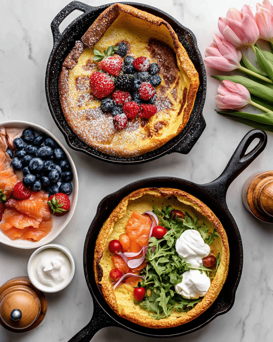 The image shows two cast iron skillets on a white marbled surface. The top skillet holds a golden brown pancake with a slightly puffed and crisp edge, layered with fresh mixed berries including strawberries, blueberries, and raspberries on one side, and a dollop of white whipped cream next to them. The bottom skillet contains a savory pancake with a golden crispy edge, topped with slices of pink smoked salmon, green arugula leaves, pickled red onions, halved cherry tomatoes, and two dollops of creamy white sauce. Around the skillets, there is a small white bowl of blueberries, a small round bowl of white cream, a wooden pepper grinder, a white plate with additional slices of smoked salmon and cherry tomatoes, and three pink tulips on the white marbled surface. photo taken with an iphone --ar 4:5 --v 7