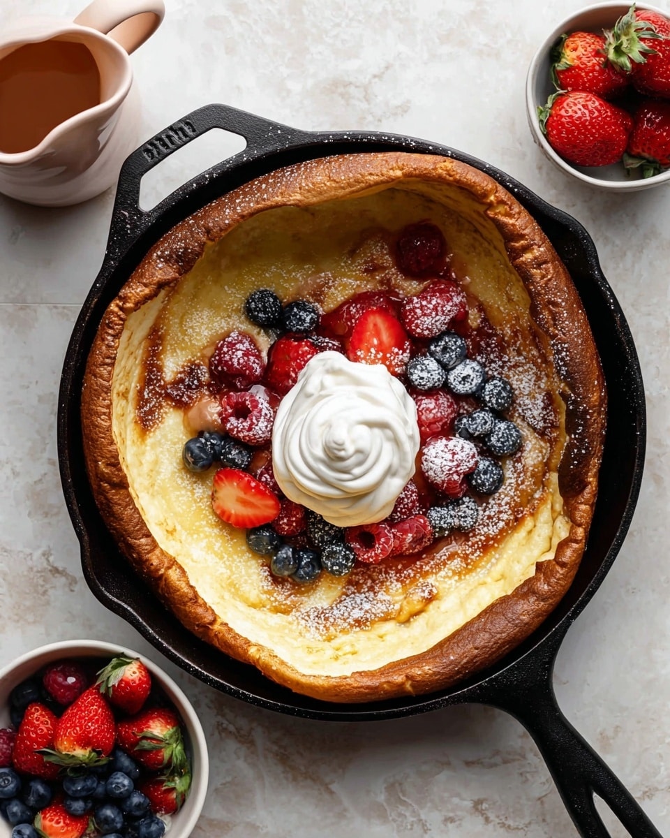 A golden brown Dutch baby pancake with puffed, crispy edges sits in a black cast iron skillet. The pancake has a glossy, slightly caramelized surface with a soft, light yellow center. On top, there is a dollop of white whipped cream placed slightly off-center, surrounded by fresh red strawberries, raspberries, and deep blue blueberries, creating a colorful contrast. A sliced banana rests under some of the berries on the right side. The skillet is on a white marbled surface, with small white bowls of strawberries and blueberries nearby, and a light pink mug filled with syrup close by. photo taken with an iphone --ar 4:5 --v 7