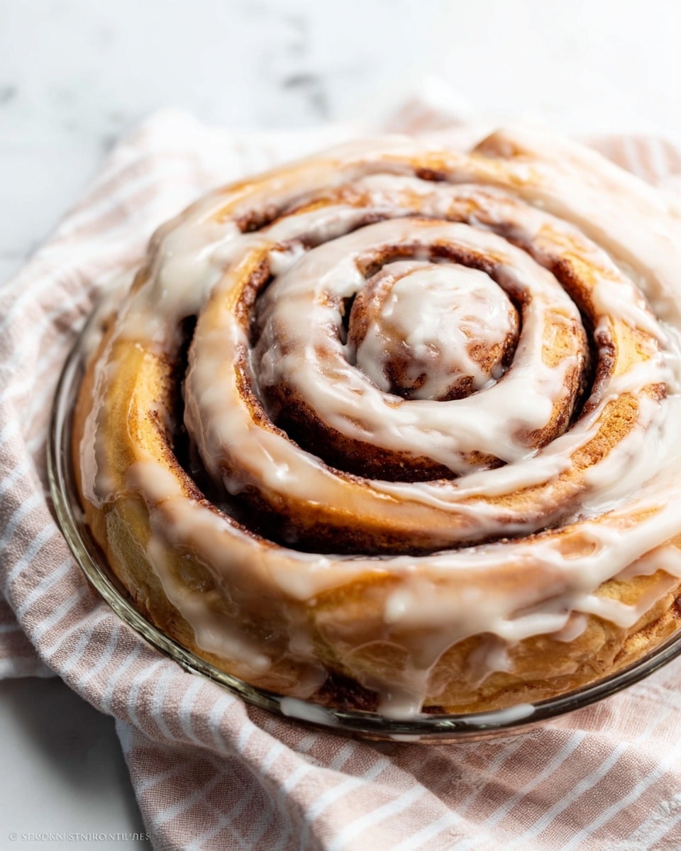 The image shows a large cinnamon roll in a clear glass pie dish placed on a white marbled surface with a white and light pink cloth under it. The cinnamon roll has multiple thick spiral layers, starting from a darker brown center that gradually lightens to a golden-brown outer layer. A creamy white glaze is generously drizzled over the top, creating a shiny, smooth texture that fills in the gaps between the spirals and lightly drips down the sides. The cinnamon filling between layers is visibly dark brown and slightly glossy, contrasting with the soft, light bread layers. The overall look is warm, soft, and inviting. photo taken with an iphone --ar 4:5 --v 7