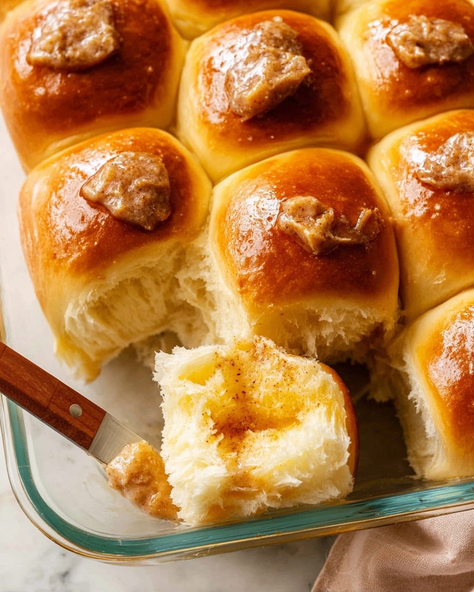 The image shows four soft golden brown dinner rolls in a clear glass dish on a white marbled surface. Two rolls are close together on the top with smooth, shiny golden tops, while the bottom two are separated, showing their fluffy inside texture. The bottom left roll has a creamy spread mixed with cinnamon, giving it a light brown swirl on top. A knife with a wooden handle and golden tip rests on the left edge of the dish, with some of the cinnamon spread on its blade. The overall look is warm and freshly baked. photo taken with an iphone --ar 4:5 --v 7