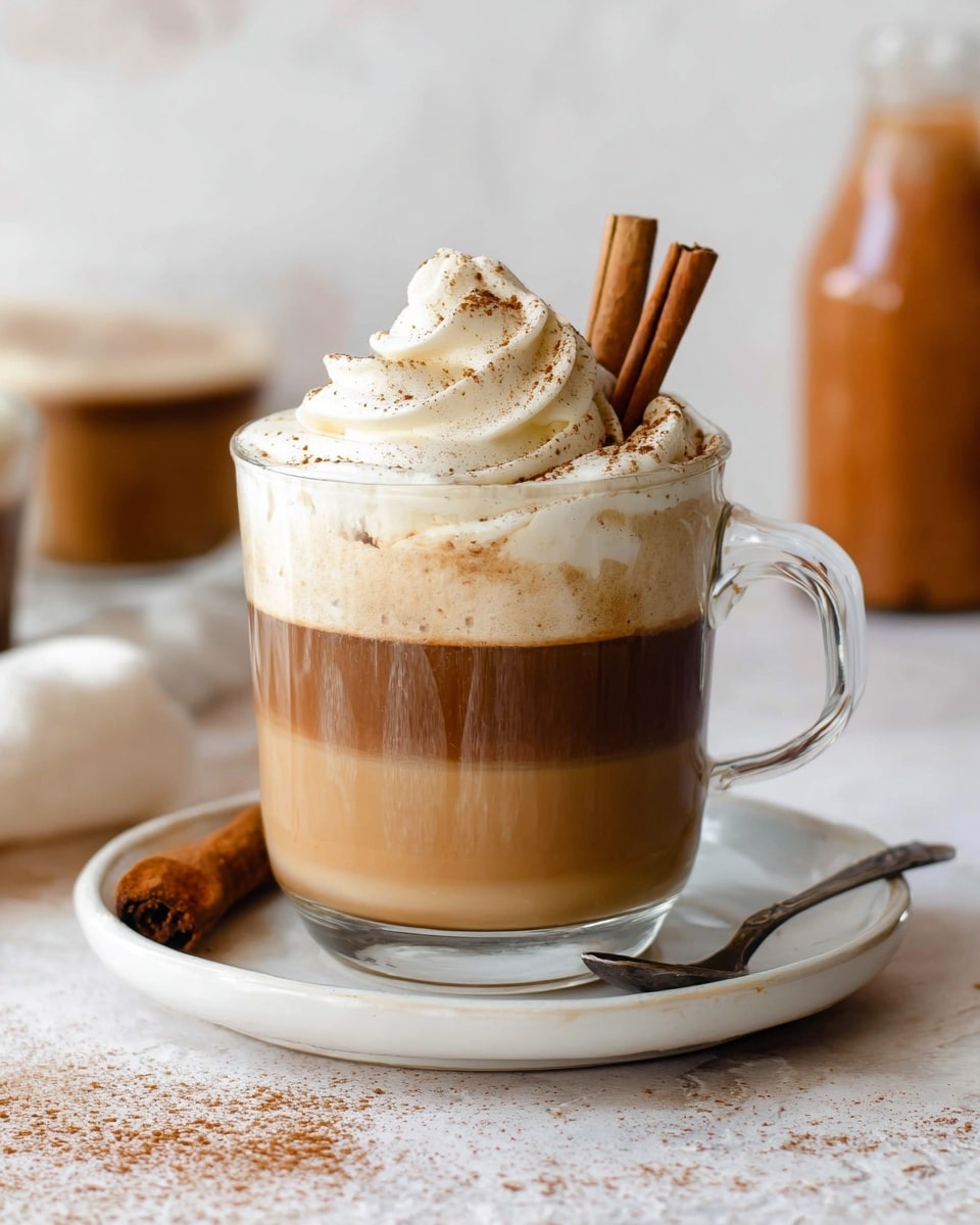 A clear glass cup filled with a three-layered drink sits on a white saucer. The bottom layer is a rich dark brown coffee, the middle layer is a lighter creamy brown milk mix, and the top layer is a thick white foam. On top of the foam is a swirl of white whipped cream sprinkled lightly with brown cinnamon powder. Two brown cinnamon sticks stand upright in the whipped cream. The cup is placed on a white marbled surface with some scattered cinnamon powder around it. Behind the cup, a blurry glass bottle of creamy liquid and another drink in a glass cup appear softly out of focus. A metal spoon rests next to the saucer on the surface. photo taken with an iphone --ar 4:5 --v 7