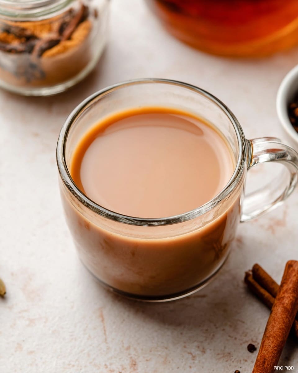 A clear glass cup filled with a smooth, light brown creamy drink, showing one even layer inside. The cup sits on a white marbled surface with some scattered cinnamon sticks and a glass jar filled with cinnamon powder nearby. The drink's surface is shiny and even with a slightly darker orange edge. Photo taken with an iphone --ar 4:5 --v 7