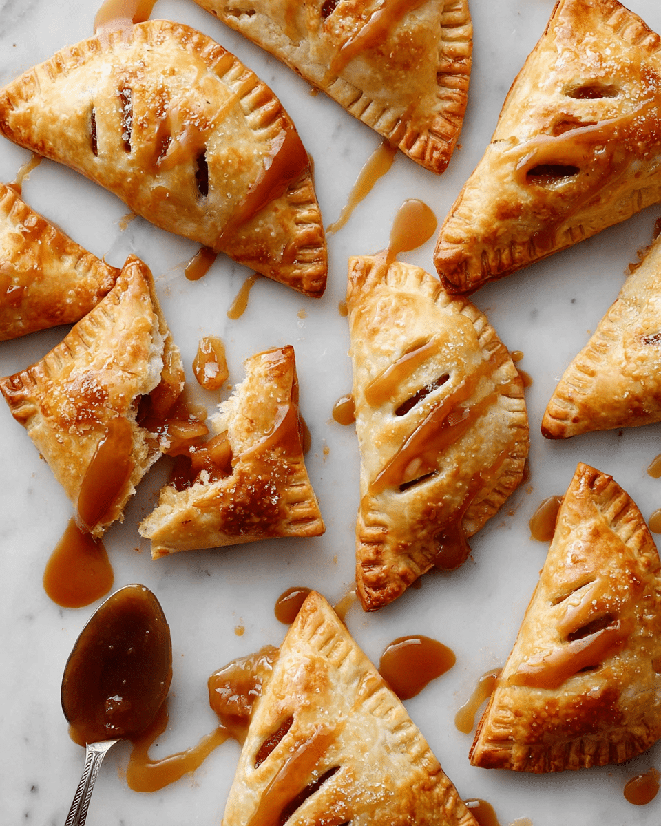 The image shows several golden-brown triangular pastries arranged on a white marbled surface. Each pastry has a flaky, lightly crispy crust with small cuts on top for venting. A sticky caramel sauce is drizzled over them, creating shiny amber streaks that contrast with the warm tones of the pastry. One pastry is broken open, revealing a sweet filling of caramelized apple pieces in sugar and cinnamon. A spoon covered with the same rich caramel sauce lies at the bottom left. The overall look gives a warm, freshly baked feeling with a slight shine from the sauce. photo taken with an iphone --ar 4:5 --v 7