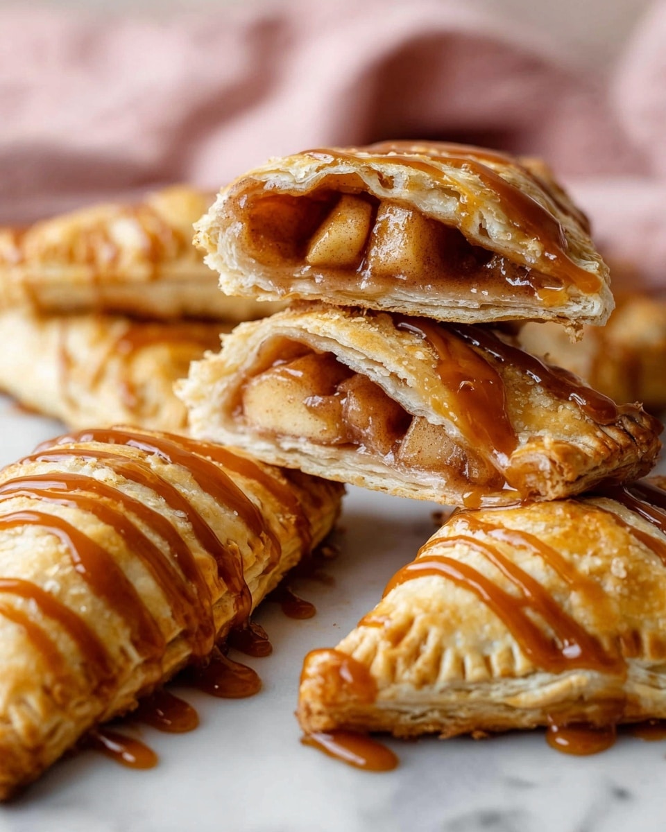 The image shows several golden brown triangular pastries with a flaky texture, each having small slits on top. They are drizzled generously with a shiny caramel sauce, creating darker amber streaks against the light crust. One pastry is broken open revealing a soft filling of small cooked apple pieces in warm tones of orange and brown. The pastries rest on a white marbled surface with some caramel sauce puddles and a spoon partially covered with caramel. The light reflects gently off the caramel and the glossy crusts, making the treats look fresh and inviting. photo taken with an iphone --ar 4:5 --v 7