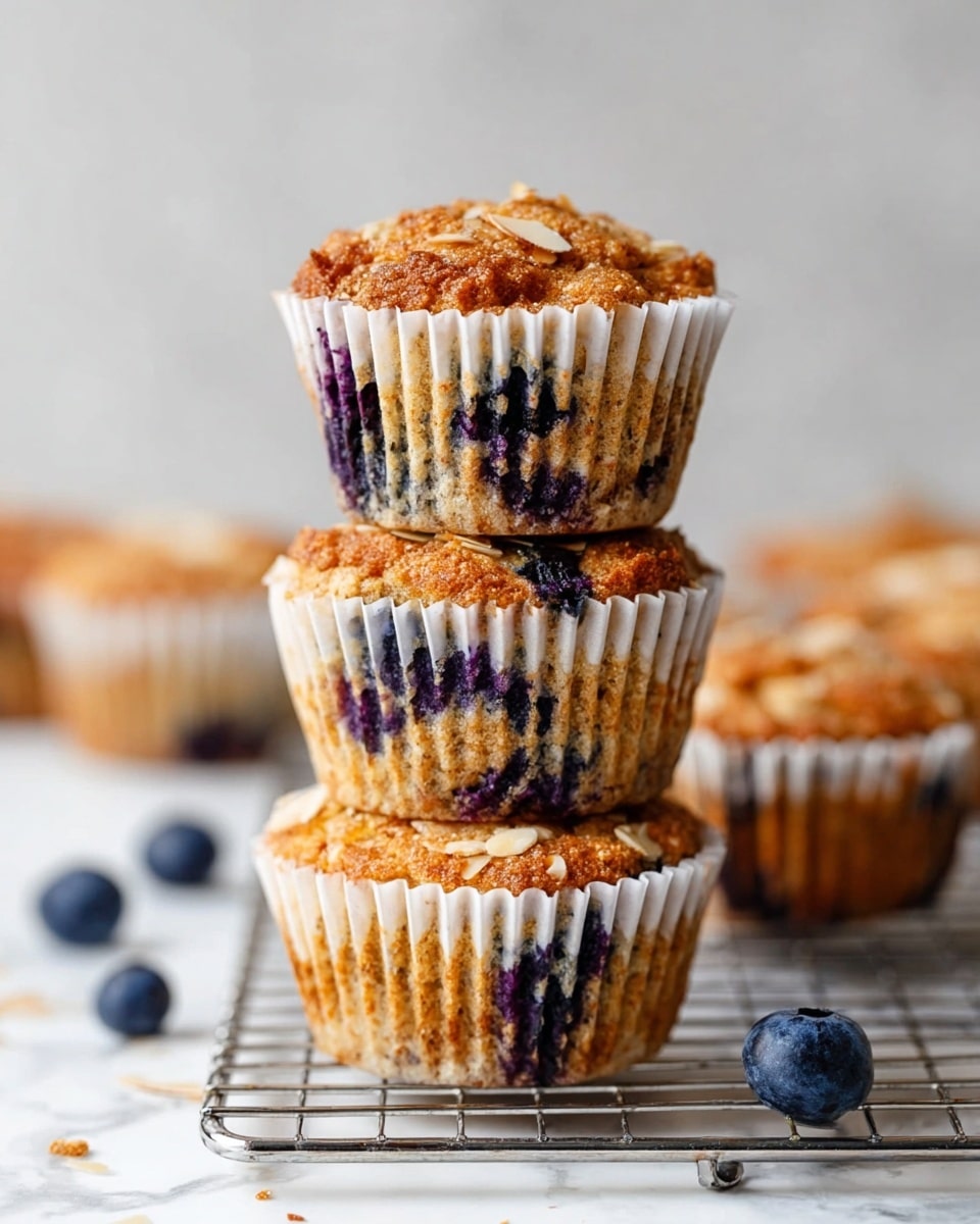 A stack of three blueberry muffins, each wrapped in white paper liners showing the textured golden-brown muffin with dark purple blueberries throughout the middle and bottom halves. The muffins have a crumbly top with small pieces of almond and a light brown crunchy topping. They sit on a beige cooling rack placed on a white marbled surface, with a few blueberries and crumbs scattered around. The background is softly blurred, making the muffins the main focus. photo taken with an iphone --ar 4:5 --v 7