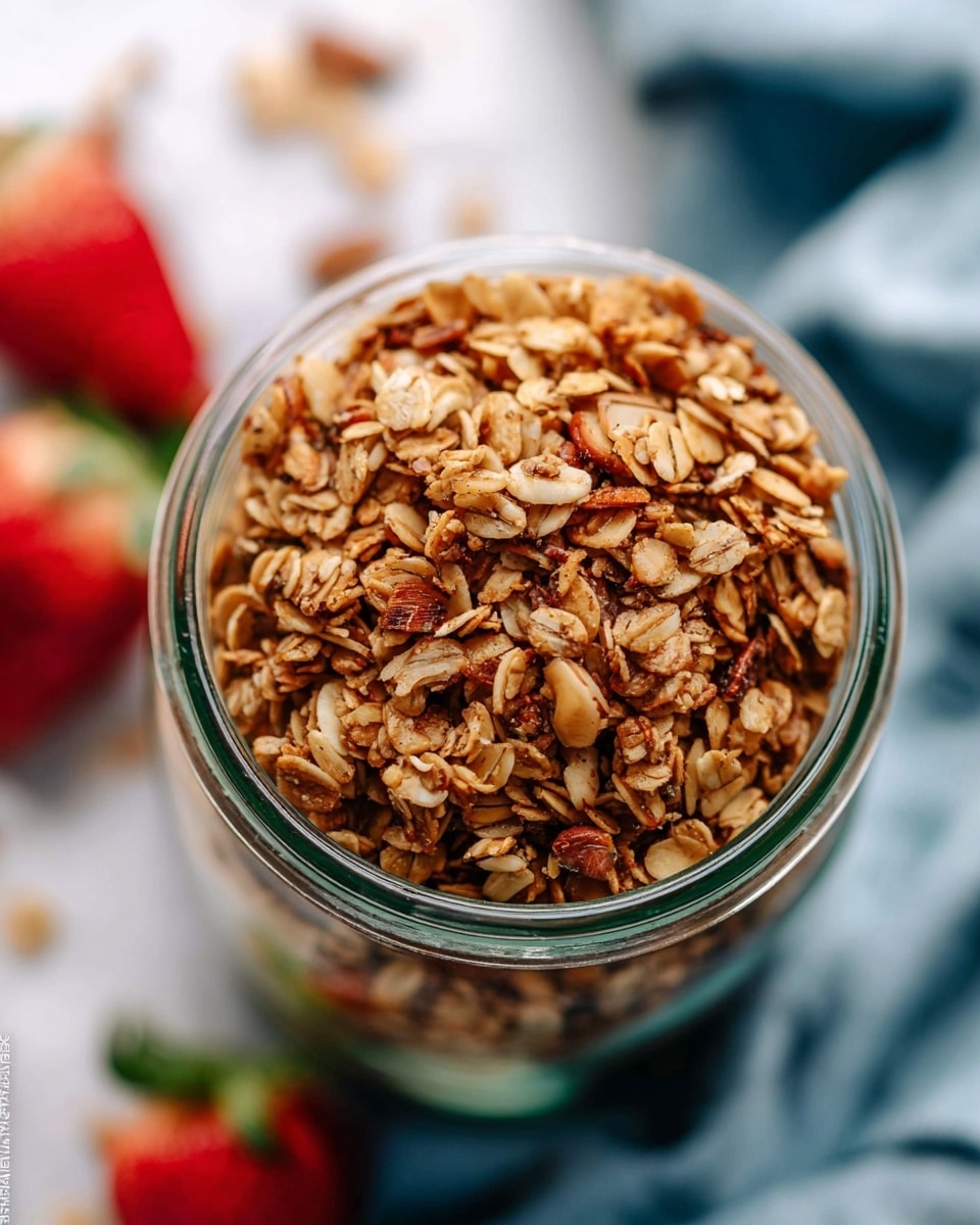 A close-up view of a glass jar fully filled with chunky granola showing different sized toasted oat flakes, nuts, and seeds in warm brown and golden shades with a crunchy texture, sitting on a soft light blue cloth with blurred red strawberries and a white marbled texture in the background. photo taken with an iphone --ar 4:5 --v 7