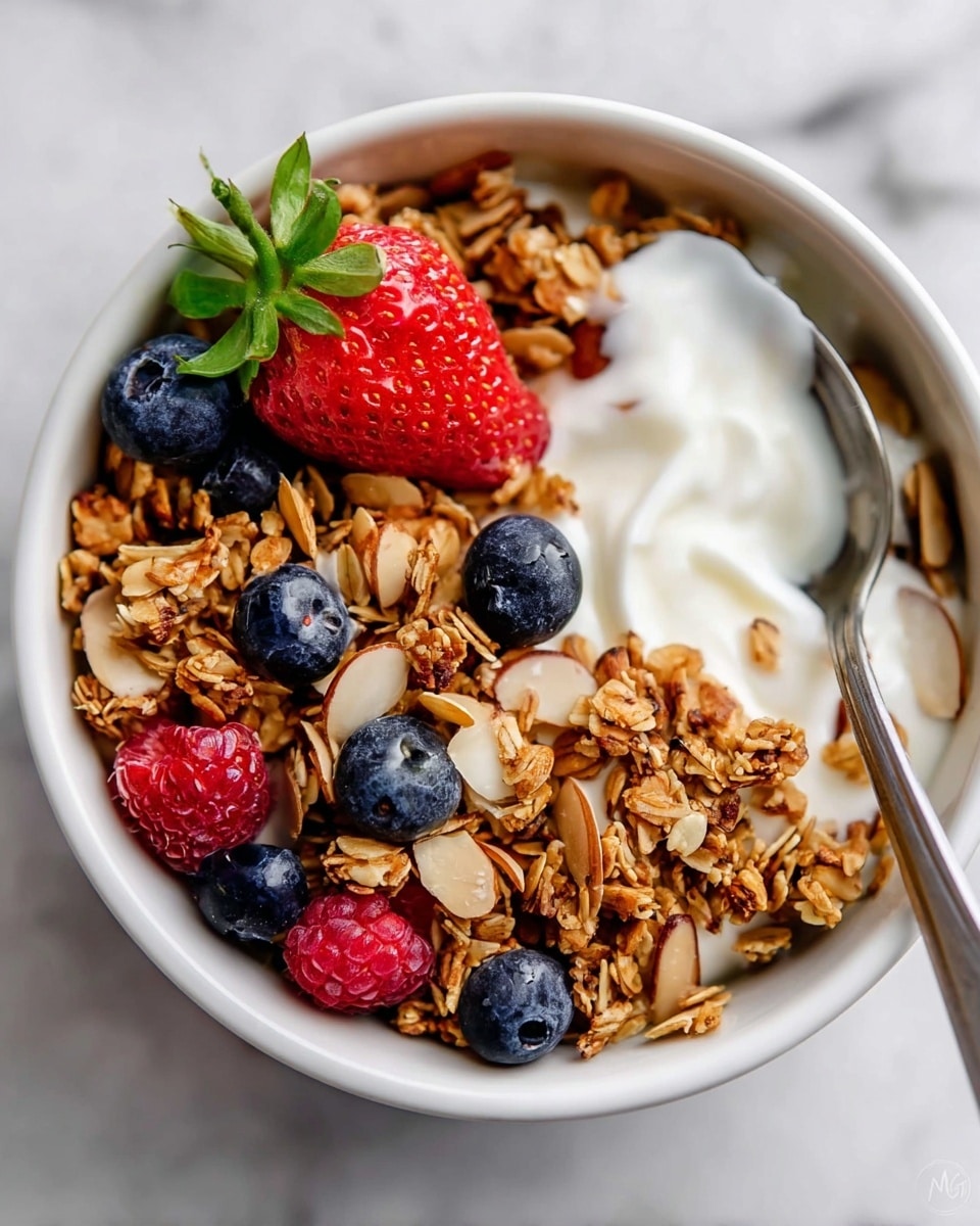 A white bowl filled with three main layers: the bottom layer is creamy white yogurt, partially visible on one side where a silver spoon is scooping some out; the top layer is golden-brown granola with a crunchy texture, spread thickly across the bowl; mixed within the granola are fresh berries including a bright red strawberry with its green leaves at one side, several deep red raspberries, and plump blue blueberries scattered evenly; the bowl sits on a white marbled surface with some granola pieces fallen beside it. Photo taken with an iphone --ar 4:5 --v 7