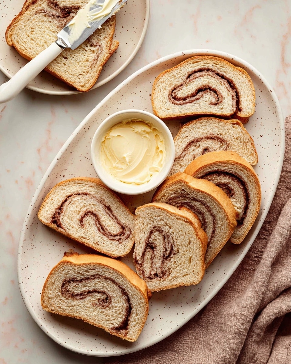 The image shows seven slices of cinnamon swirl bread arranged on a white oval plate, with a golden-brown crust and a light beige inside displaying a dark brown cinnamon spiral pattern in each slice. In the middle of the plate, there is a small pink bowl filled with creamy butter. Nearby, a larger slice of the same bread sits on a white plate with a woman's hand holding a butter spread knife resting next to it, the knife having some butter on the blade. The scene is set on a white marbled surface with a pink cloth partially visible under the plate. photo taken with an iphone --ar 4:5 --v 7