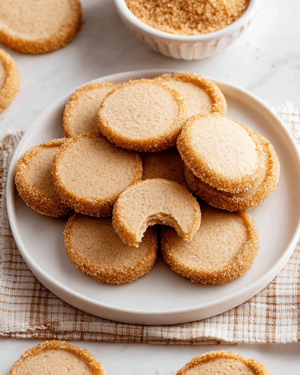 A white plate filled with round, light brown cookies with a rough sugary edge, arranged in a slightly overlapping pile. One cookie is broken with a bite taken out, showing a soft, crumbly texture inside. The cookies have a grainy sugar coating on the edges, with a smooth and slightly cracked top surface. Around the plate are more cookies and a small white bowl filled with coarse brown sugar, all placed on a white marbled surface with a beige checkered cloth partially visible. Photo taken with an iphone --ar 4:5 --v 7