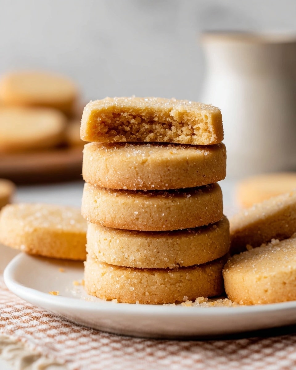 A close-up image shows a stack of six round, golden brown shortbread cookies with sugar crystals sprinkled on the edges. The top cookie is broken in half, revealing a crumbly and soft texture inside. The cookies are arranged on a large white plate placed on a checkered cloth. In the background, there are blurred shapes of more cookies and a white ceramic container on a white marbled surface. The photo taken with an iphone --ar 4:5 --v 7