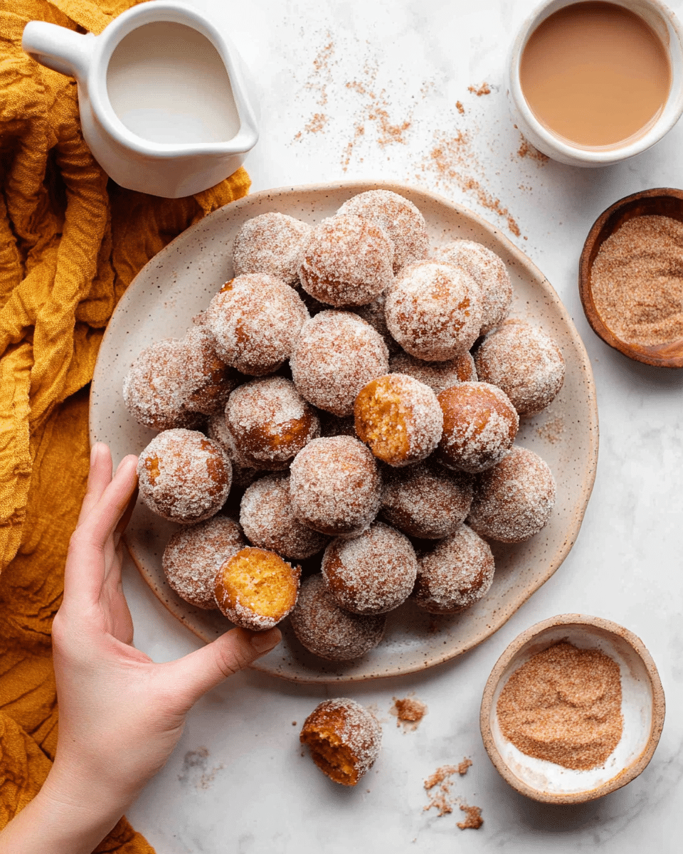 A large white plate in the center is full of round pumpkin spice donut holes coated in a light brown cinnamon sugar layer, forming two dense layers. One donut hole is held by a woman's hand at the bottom left corner. Around the plate, there are a few broken donut pieces showing a soft orange inside. At the top left, a small white jug is filled with milk and sits on the edge of a folded mustard-yellow cloth. At the top right, a white cup filled with light brown coffee is placed. A small bowl of cinnamon sugar is on the bottom right side. The whole scene is set on a white marbled surface with some scattered crumbs. Photo taken with an iphone --ar 4:5 --v 7