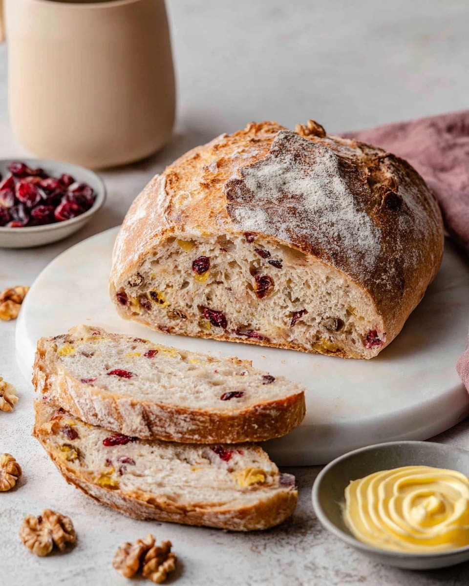 A loaf of bread with a golden-brown crust dusted lightly with flour is placed on a white marbled round board. The bread has visible pieces of red cranberries and light brown walnuts inside, adding texture and color throughout the soft, light beige interior. Two slices are cut and laid flat in front of the main loaf, showing the same mix of cranberries and walnuts. To the right, there is a small gray bowl containing a swirl of creamy yellow butter, and in the background, a beige container and a small bowl of walnuts complete the scene on a white marbled surface. photo taken with an iphone --ar 4:5 --v 7