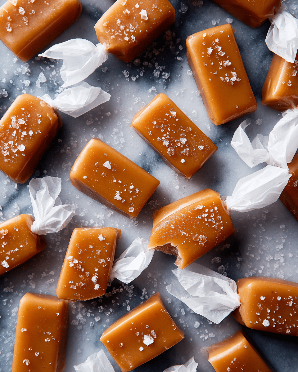 The image shows many small rectangular caramel candies scattered on a white marbled textured surface. The caramels are smooth and shiny with a golden brown color, sprinkled with coarse sea salt on top, giving a slightly grainy texture. Among the unwrapped pieces, four are wrapped in white wax paper twisted at both ends, showing a softer caramel color through the semi-transparent wrapper. The caramels lie in random positions, some flat and some tilted, with one piece showing a bite taken out of it, revealing a soft inside. Photo taken with an iphone --ar 4:5 --v 7
