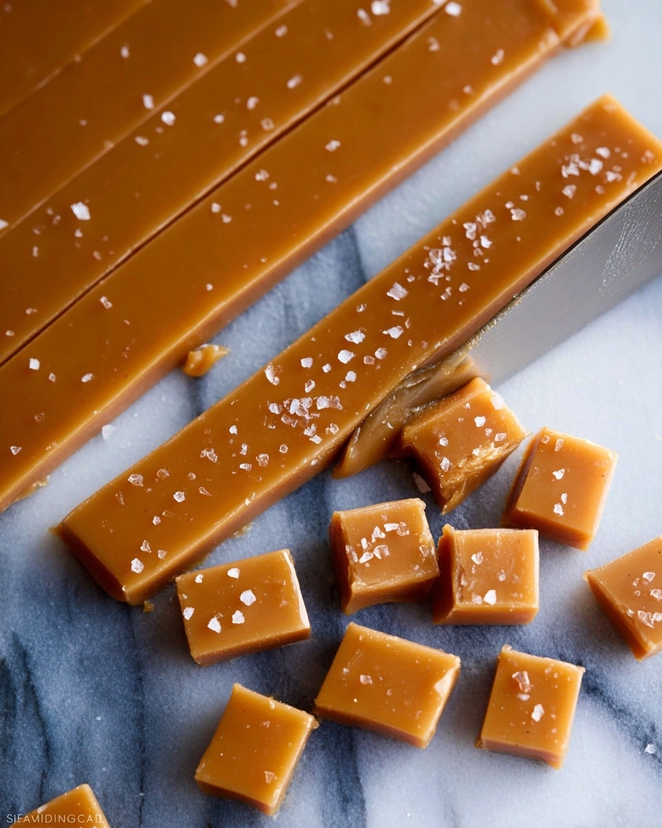 The image shows long, smooth caramel bars being cut on a white marbled surface. The caramel is a rich golden brown color with a shiny texture, sprinkled with coarse sea salt crystals on top. One long caramel strip lies horizontally, while the lower section of the image shows evenly-cut small square caramel pieces arranged loosely. The surface underneath contrasts with the caramel, making the glossy texture and salt granules stand out clearly. A knife blade is seen slicing through one long caramel bar, highlighting the clean cut and soft consistency of the caramel. Photo taken with an iphone --ar 4:5 --v 7