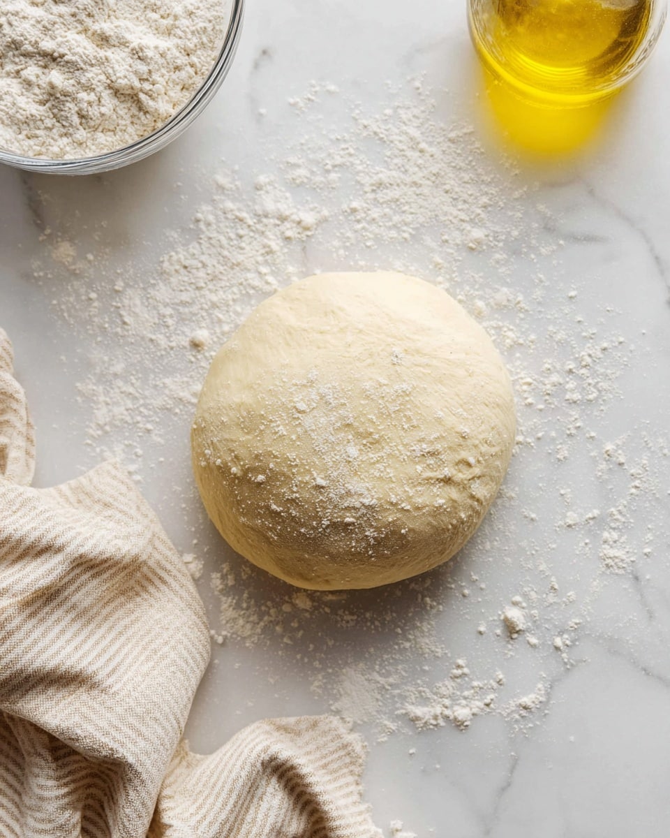 A smooth, round ball of dough with a light dusting of flour on its pale surface sits on a white marbled countertop scattered with more flour. To the top left, a clear glass bowl filled with white flour is visible, while a glass container with golden yellow olive oil is positioned to the top right. A beige and white striped cloth lies casually to the bottom left of the dough, adding a soft texture contrast. The overall scene is bright and clean, emphasizing the dough's soft, pillowy appearance. photo taken with an iphone --ar 4:5 --v 7