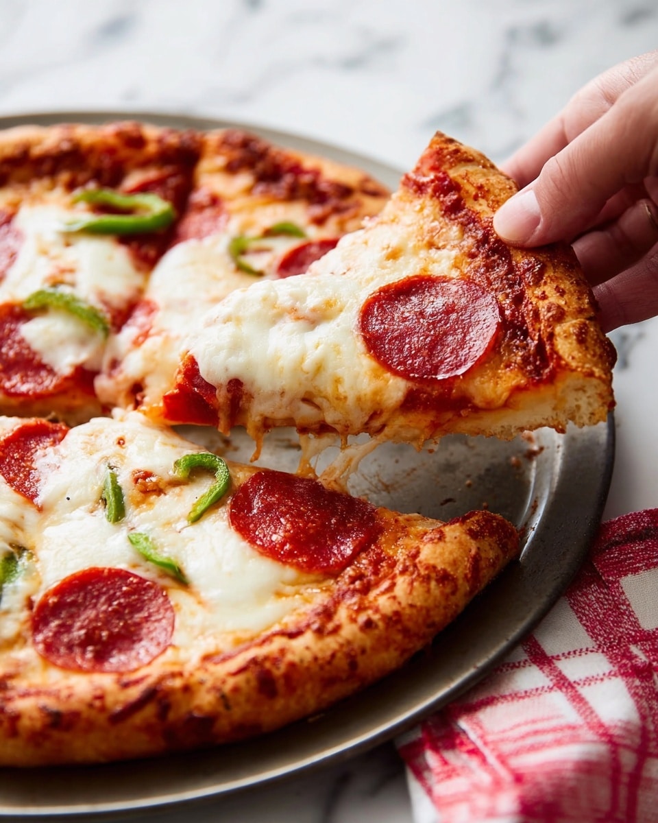 A close-up of a pizza on a round metal tray, with a slice being lifted by a woman's hand from the right side. The pizza has a thick golden-brown crust with slightly crispy edges. The first layer at the base is a rich red tomato sauce visible near the edges and under the toppings. On top of the sauce, there is a thick melting layer of creamy white mozzarella cheese spread evenly with some browned spots. Scattered on the cheese are round, reddish-brown pepperoni slices and a few green bell pepper slices adding color contrast. The pizza rests on a white marbled surface with a corner of a red and white checkered cloth visible at the bottom right. photo taken with an iphone --ar 4:5 --v 7
