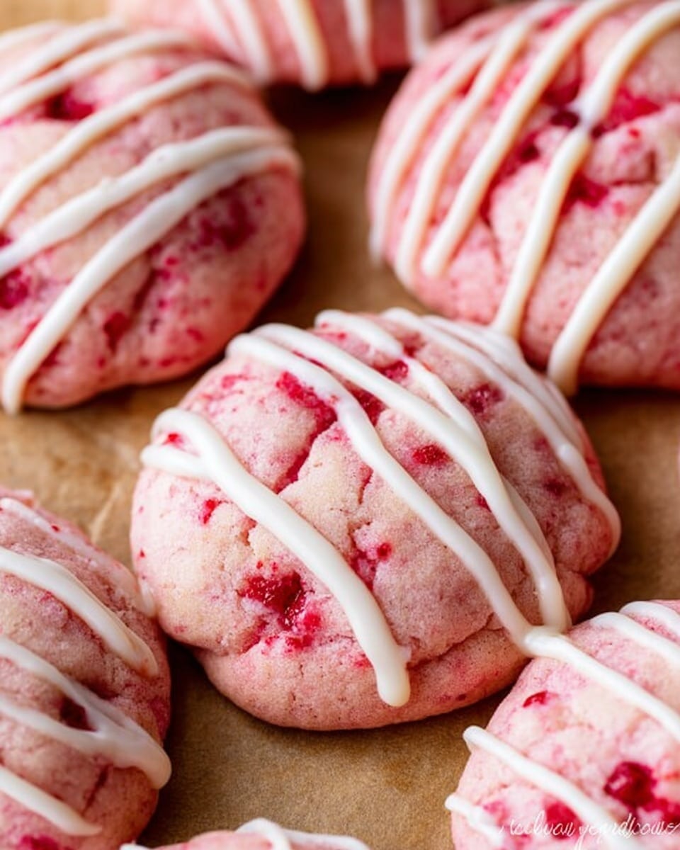 Several pink cookies with red chunks inside sit close together on brown parchment paper. Each cookie is round and slightly puffy, with a soft and smooth texture dotted by the red pieces. White icing is drizzled thickly in diagonal lines over each cookie, adding brightness and contrast. The background is a white marbled texture. photo taken with an iphone --ar 4:5 --v 7