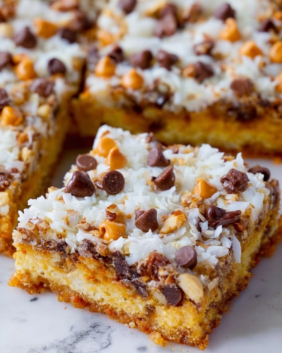A close-up image of a dessert bar cut into three pieces on a white marbled surface, showing a thick golden-brown base layer with a slightly crumbly texture, topped with a white shredded layer of coconut and small orange butterscotch chips scattered across. Dark brown mini chocolate chips and chopped nuts add color and texture on top, creating a crunchy, mixed topping. The layers are even and cover the top fully, with one piece slightly pulled away from the main tray. photo taken with an iphone --ar 4:5 --v 7